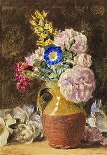 Mixed flowers in a brown and fawn Jug - Уильям Генри Хант