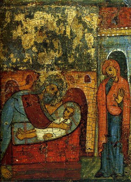 Elijah Raises the Widow's Son (from Hagiographic cycle of detail of 'Prophet Elijah in the desert' ), c.1275 - c.1325 - Orthodox Icons