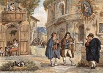 Pipers in front of a kiosk at the Theater of Marcellus - Achille Pinelli