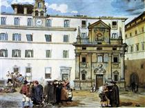 Peasants near a church - Achille Pinelli