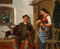 The dachshund family with a hunter and a maid - Adolf Eberle