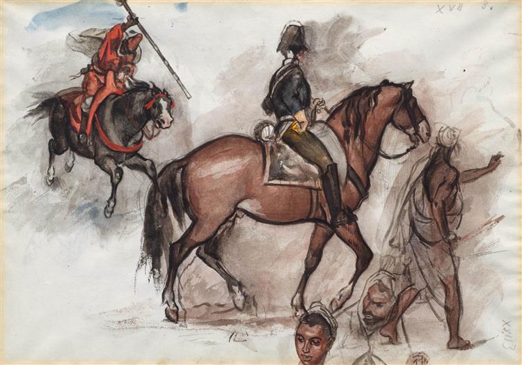 Recto : Etudes variées de personnages et de têtes ; verso : études de cavaliers, c.1870 - Alfred Dehodencq