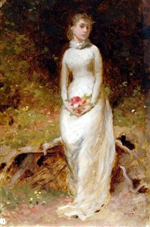 Lady in white dress holding flowers - George Elgar Hicks
