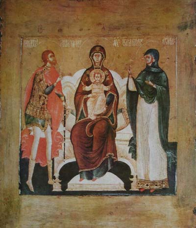 The Mother of God of the Caves with the Upcoming Nikita the Warrior and Anastasia the Patterner, c.1650 - Orthodox Icons