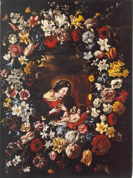 Garland of Flowers with Madonna and Child - Daniel Seghers