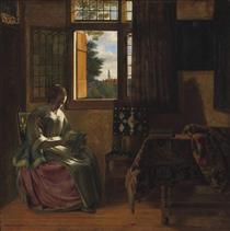 Femme lisant une lettre à une fenêtre ouverte - Pieter de Hooch