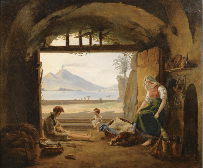Neapolitan Fishermen in Mergellina, the Castel dell'Ovo and Vesuvius beyond, c.1825 - Франц Людвиг Катель