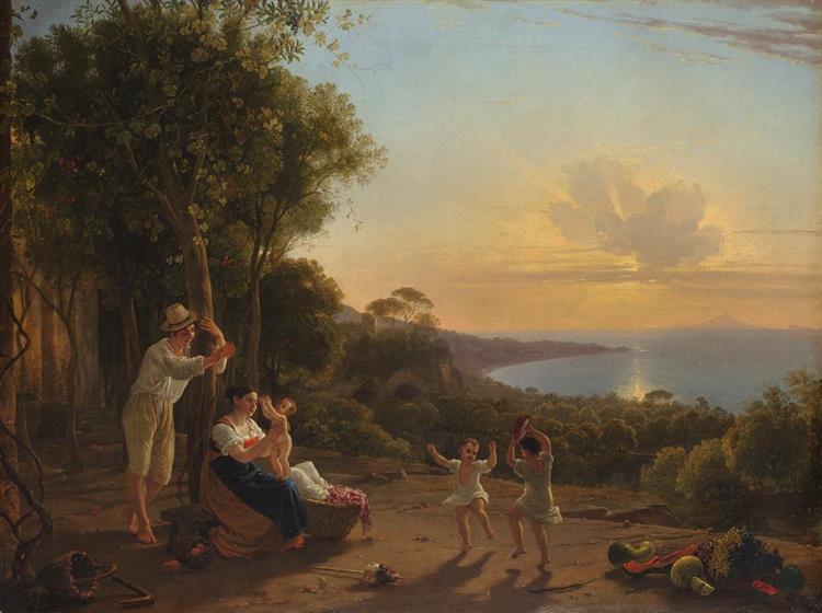 Family scene with children dancing at sunset on the Gulf of Naples with a view of the island of Capri, c.1825 - c.1835 - Франц Людвиг Катель