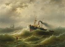 Steamboat in a Storm on the North Sea - Albert Rieger