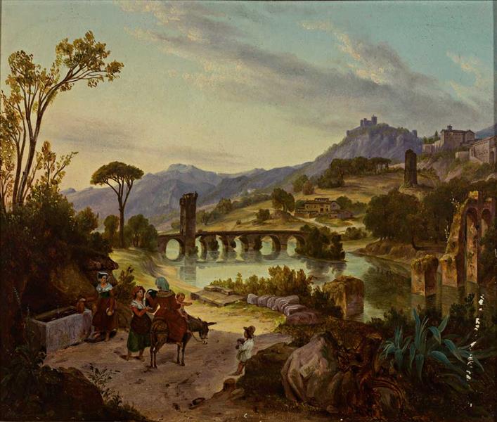 Southern river landscape with stone bridges, in the foreground lively activity at the well, 1839 - August Ahlborn