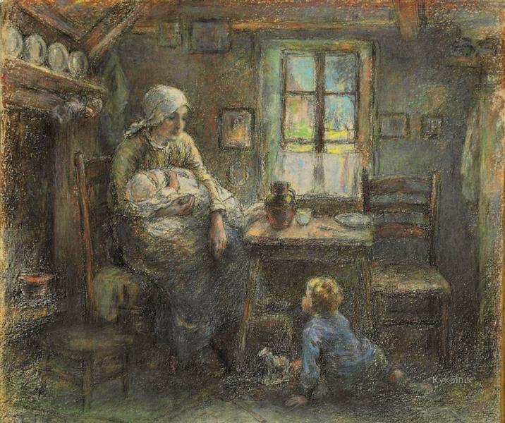 A peasant mother and her two children in an interior - Léon Augustin Lhermitte