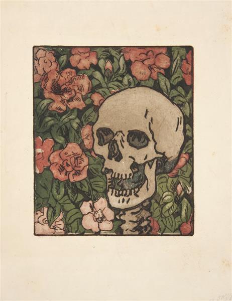 Death and Flowers [A Skull on a Dark Green Background with Pink and White Flowers], 1893 - 1895 - Maria Iakountchikova