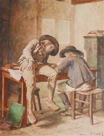 A young boy is sitting on the table where another is doing his homework - Jules Trayer