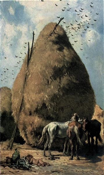 Horses in Front of a Haystack, 1858 - August von Pettenkofen