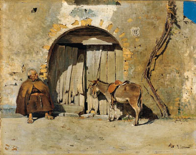 Begging monk with donkey - Vincenzo Caprile