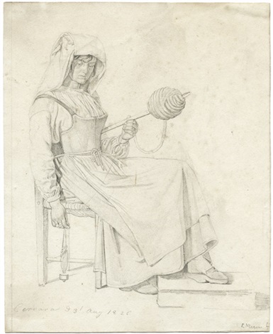 Seated Italian woman in her costume while spinning, 1826 - Ernst Meyer