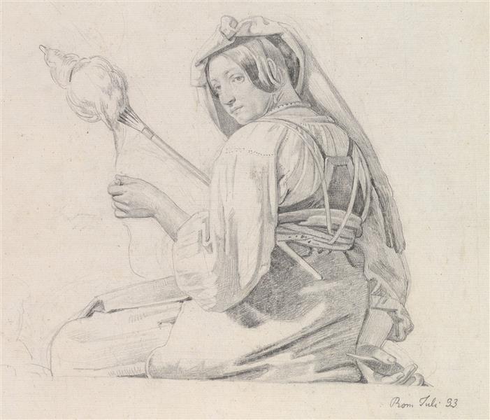 A seated woman in roman dress, spinning (July 1833), 1833 - Theodor Leopold Weller