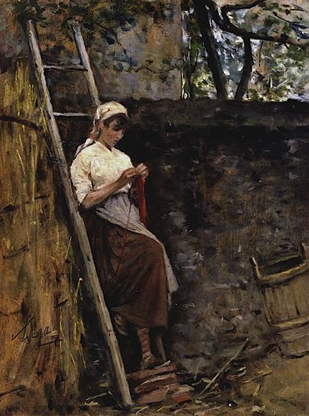 Country girl leaning against a ladder, 1887 - 1890 - Silvestro Lega