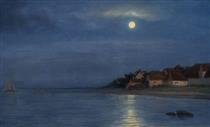 Full moon effect on the sea at Hellebaek - Carl Bloch
