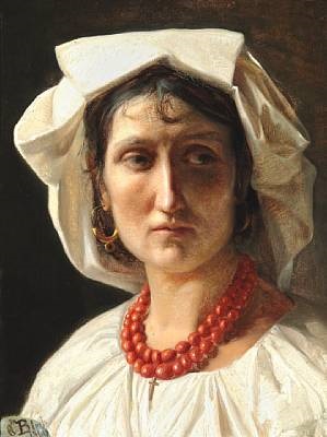 Portrait of a young Italian woman with white bonnet and coral necklace with a cross, 1860 - Карл Блох