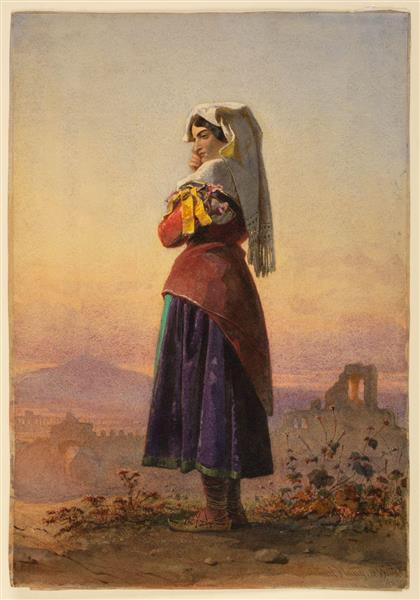 Italian peasant girl in a landscape, 1859 - Карл Хаг