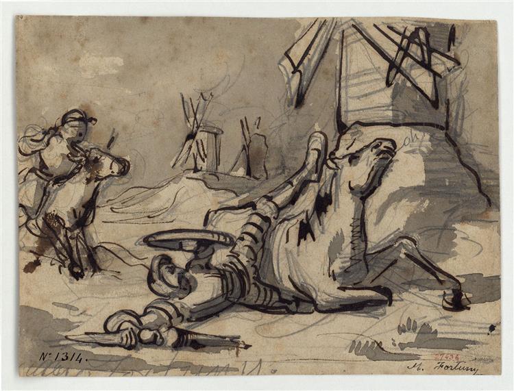 Don Quixote's adventure with the windmills (obverse) and figure studies (reverse), c.1855 - 1856 - 马里亚·福尔图尼