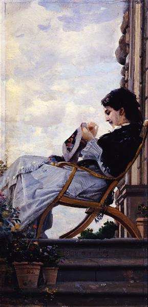 Lady working on the terrace, 1882 - Cristiano Banti
