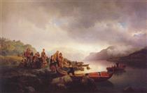 Funeral on the Sognefjord (made in cooperation with Hans Gude) - Adolph Tidemand