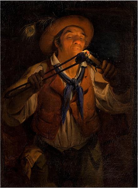 Farmer lighting a candle with a burning stick, 1850 - Angelo Inganni