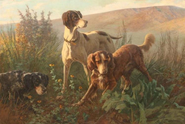 Three hunting dogs in a landscape with mountains in the distance, 1888 - Carlo Ademollo