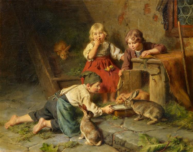Three children feeding rabbits - Felix Schlesinger