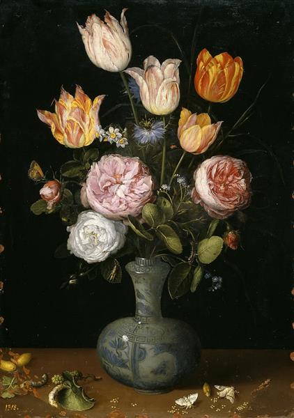 Flowers in a Painted Ceramic Vase with Moths - Jan Brueghel the Elder