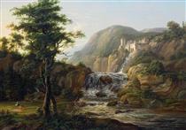 Mountain landscape with waterfall, castle and traveler on horseback in front of a hut - Johan Christian Dahl
