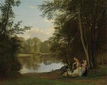 Quiet summer evening at a lake in the forest. Young women are washing clothes in Bondedammen in Hellebaek - Peter Christian Skovgaard