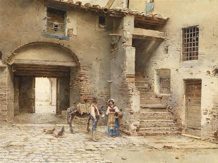 Italian court with a young couple, 1900 - Scipione Simoni