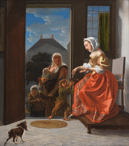 An interior with a lady giving alms to beggars - Jacob Lucasz Ochtervelt