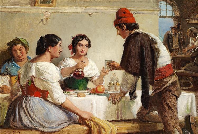 A Young Woman Pouring Wine for a Young Man, study for 'Scene from an Italian Osteria', c.1847 - Вильгельм Марстранд