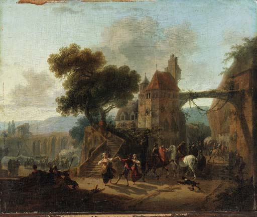 Villagers dancing by a gatehouse, an aqueduct beyond - Nicolas-Antoine Taunay