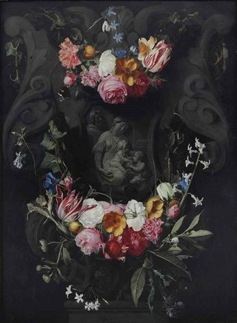 A garland of flowers with the Holy Family and the Infant John in a sculpted cartouche - Erasmus Quellinus the Younger