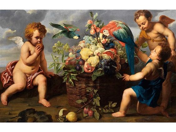 Three putti with fruit basket and parrots - Erasmus Quellinus the Younger