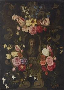 Stone cartouche with Madonna, surrounded by Flower Garlands - Erasmus Quellinus the Younger