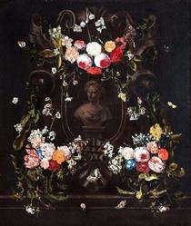 Mural in bas-relief surrounded by garlands of flowers - Erasmus Quellinus the Younger
