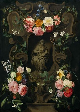 Madonna and Child, in a cartouche surrounded by flowers - Erasmus Quellinus the Younger