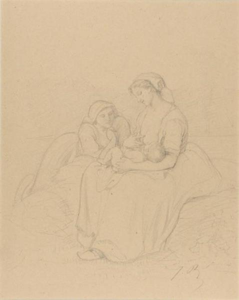 Woman breast feeding her child, accompanied by another woman, c.1873 - Жюль Бретон