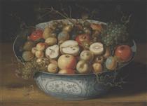 A Chinese bowl with apples, plums, grapes and nuts - Osias Beert der Ältere