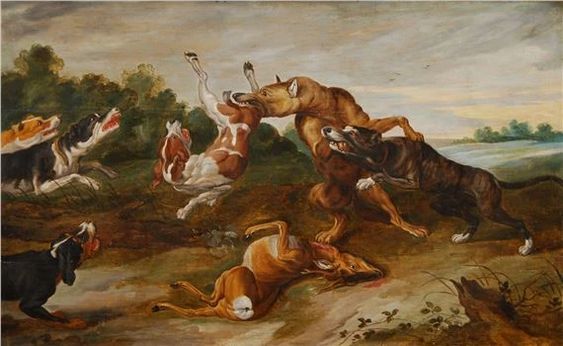 Hunting dogs fighting for a doe - Paul de Vos