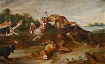 Hunting dogs fighting for a doe - Paul de Vos