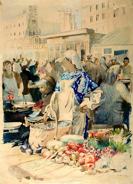 На московском рынке. Зелёный ряд, 1955 - Юрий Пименов