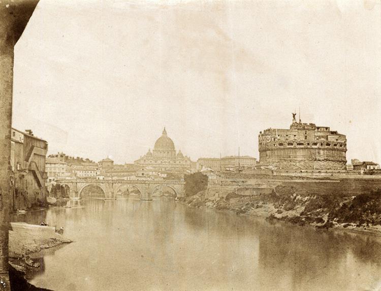 View over the Tiber River with Castel Sant'Angelo and St. Peter's, Rome, c.1853 - Giacomo Caneva