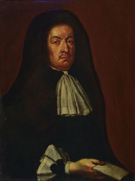 Portrait of a Protestant clergyman in rust red background, fine translucent - Johann Heinrich Schönfeld